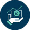 Borrowing icon hand with graph and pound coin