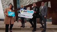 CSR Manager Danielle Keenan, an Ashfield Girls School pupil, a St Mary's Christian Brothers' Grammar School pupil, and Danske Bank Head of Corporate Geoff Sharpe launch BelTech EDU.